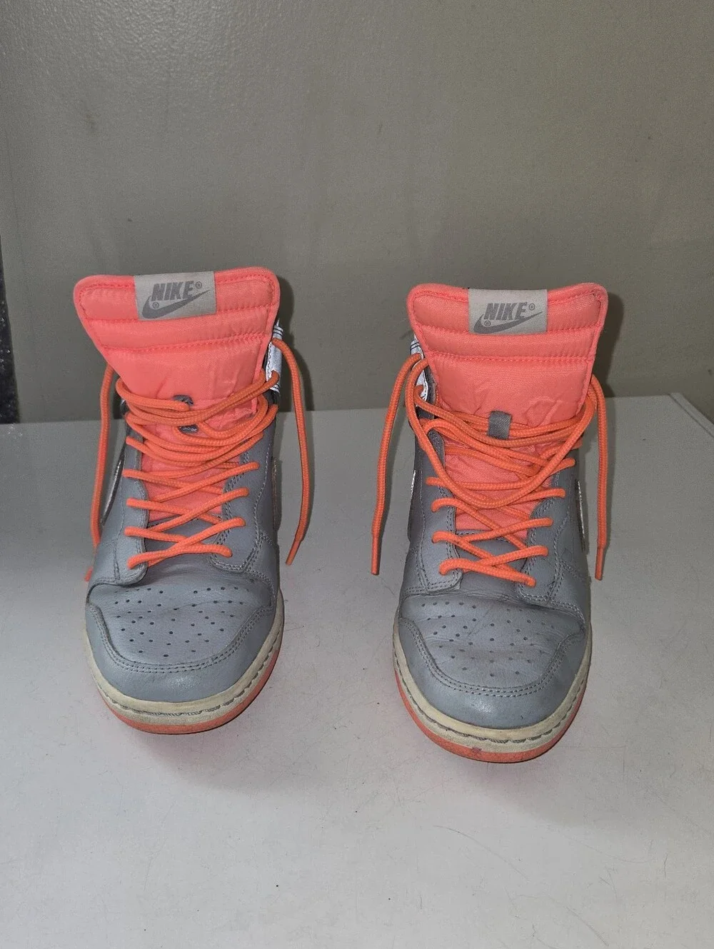 Nike Women's High-Top Wedge Sneakers in Gray and Coral Orange (Reflective)